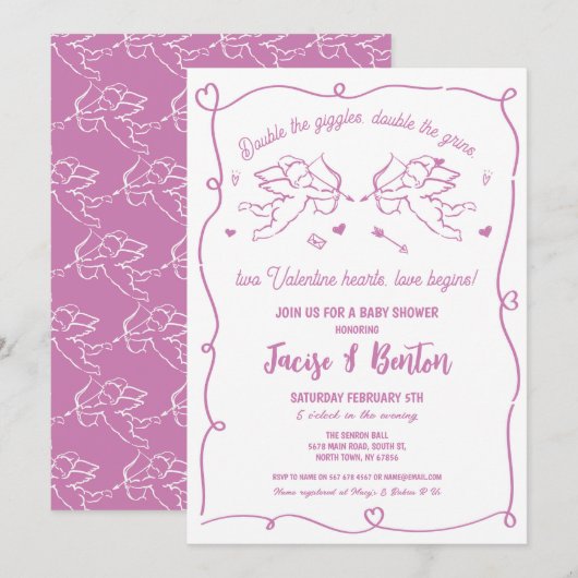 Invitation Twins Valentines Baby shower Cupidon fille rose am (Devant / Derrière)