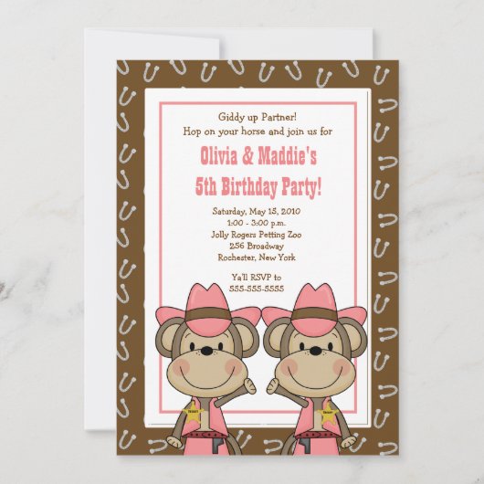 Invitation TWINS Western Cowgirl Monkey 5x7 Anniversaire (Devant)