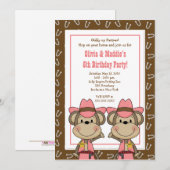 Invitation TWINS Western Cowgirl Monkey 5x7 Anniversaire (Devant / Derrière)