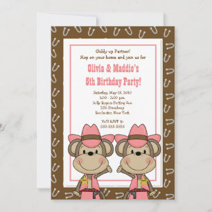 Invitation TWINS Western Cowgirl Monkey 5x7 Anniversaire