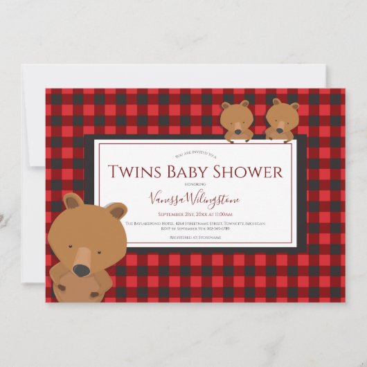 Invitation  Twins Woodland Red Plaid Bear Baby shower (Devant)
