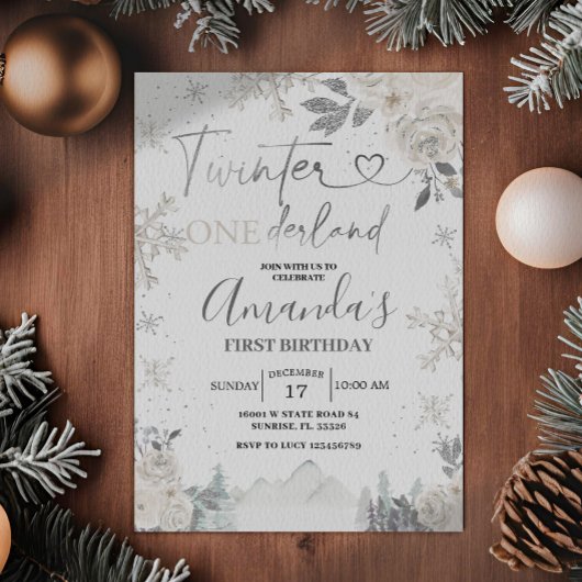 Invitation Twinter Onederland Snowflake Blanc Floral Annivers