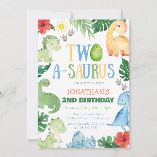 Invitation Two A-Saurus Dino 2nd Birthday (Devant)
