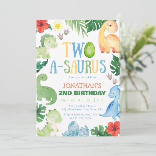 Invitation Two A-Saurus Dino 2nd Birthday (Debout devant)