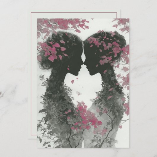 Invitation Two Brides Hand Drawn Pencil Pink Black (Devant / Derrière)