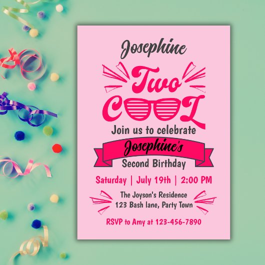 Invitation Two Cool Girls Pink Sunglasses 2nd Birthday