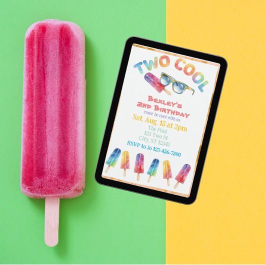 Invitation TWO Cool, gouache à l'eau Popsicle 2e anniversaire