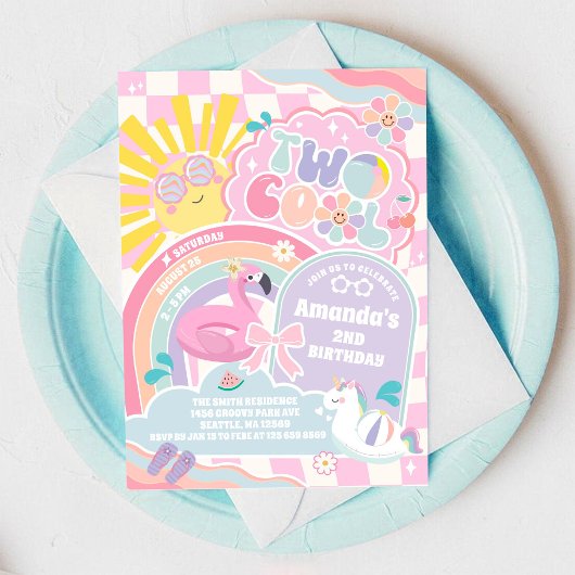 Invitation Two Cool Pool Party Rainbow 2nd Birthday 