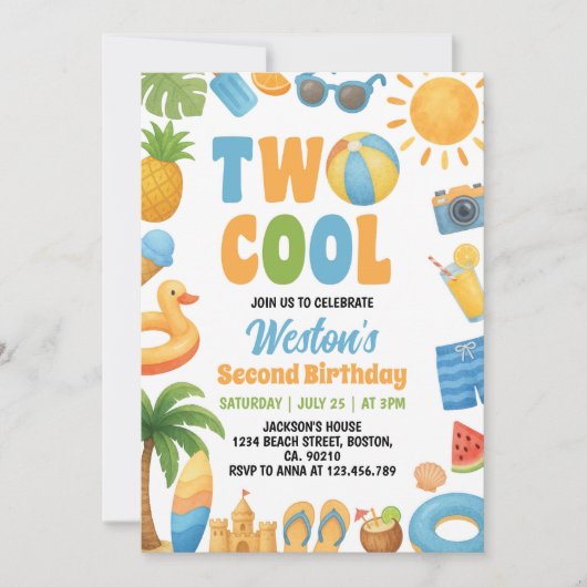 Invitation Two Cool Summer Beach 2nd Birthday Party (Devant)