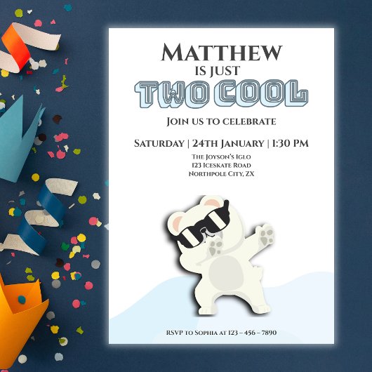 Invitation Two Cool Winter Polar Bear dabbing 2nd bday