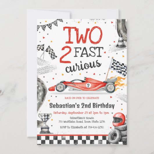 Invitation Two Fast 2 Curious Race Car Boy 2nd Birthday (Devant)