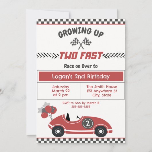 Invitation "Two Fast" Race Car 2e Anniversaire Fête Invitatio (Devant)
