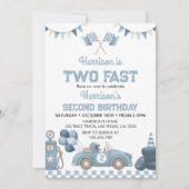 Invitation Two Fast Race Car Blue Boy Birthday Party (Devant)