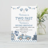 Invitation Two Fast Race Car Blue Boy Birthday Party (Debout devant)
