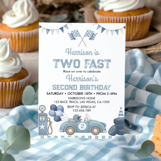 Invitation Two Fast Race Car Blue Boy Birthday Party