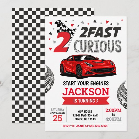 Invitation Two Fast Race Car Boy 2nd Birthday Party (Devant / Derrière)