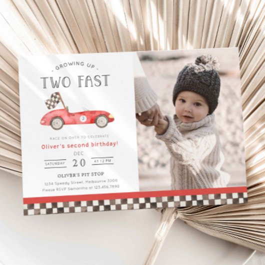 Invitation Two Fast Red Race Car 2nd Birthday Photo
