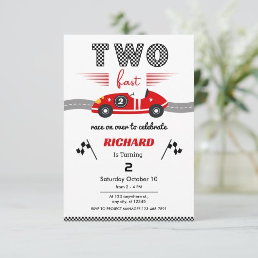 Invitation Two Fast Red Race Car 2nd Birthday °Race (Debout devant)
