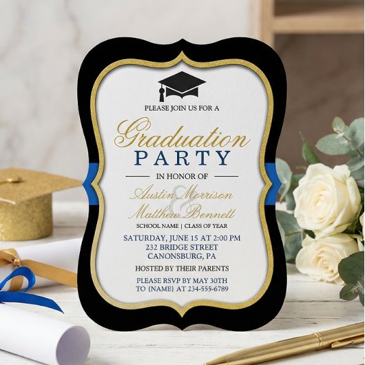 Invitation Two Grads - Gold Bracket Frame Graduation Party