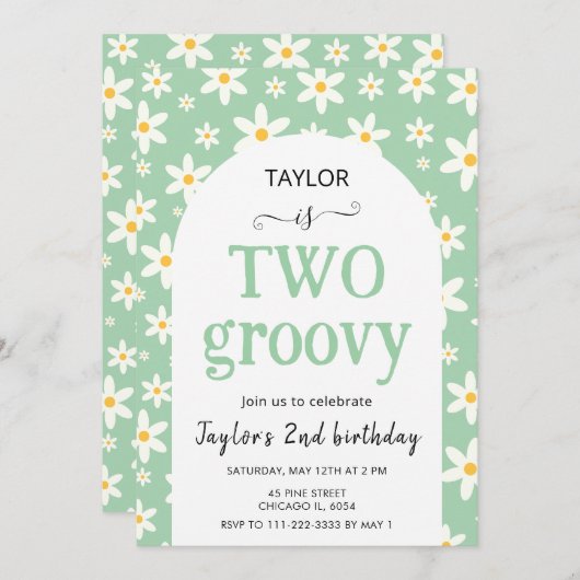 Invitation TWO groovy Mint Green Daisy 2nd Birthday (Devant / Derrière)
