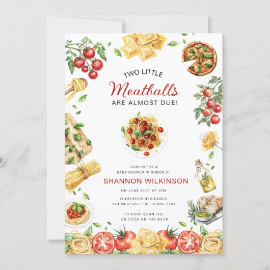 Invitation Two Little Meatballs Pasta Baby Shower QR code (Devant)