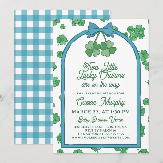 Invitation Two Lucky Charms Clovers Boy Twins Baby Shower (Devant / Derrière)