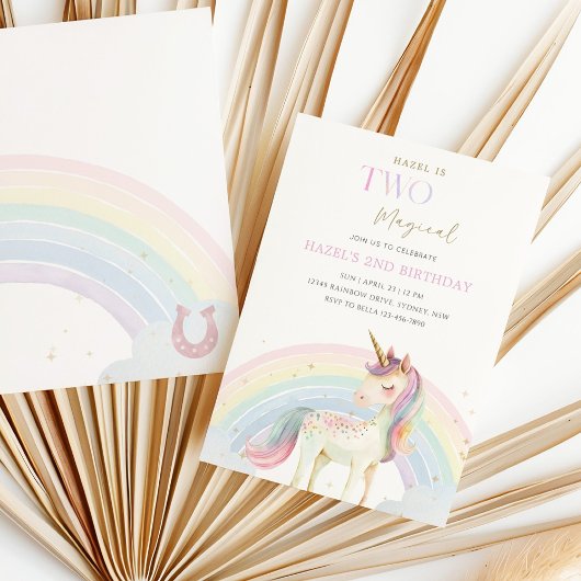 Invitation Two Magical Unicorn Rainbow 2nd Birthday Party