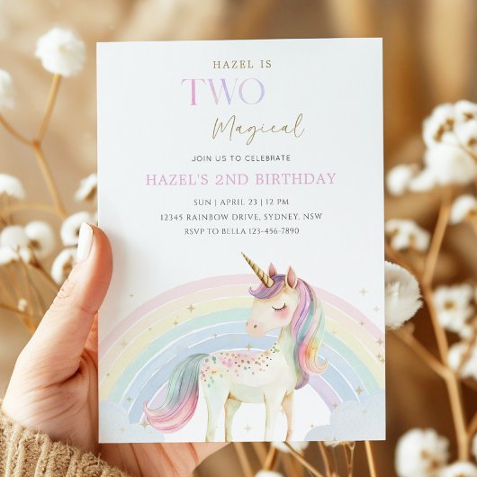 Invitation Two Magical Unicorn Rainbow 2nd Birthday Party
