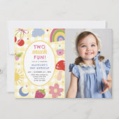 Invitation Two Much Fun Retro Hand Drawn 2nd Birthday Photo (Devant)