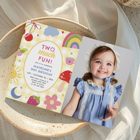 Invitation Two Much Fun Retro Hand Drawn 2nd Birthday Photo