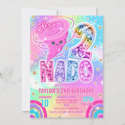 Invitation Two Nado Rainbow Glitter 2nd Birthday Party (Devant)