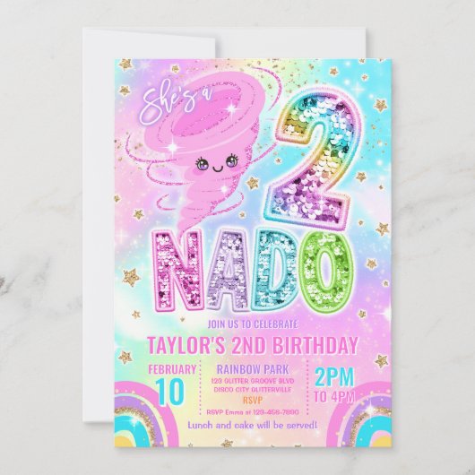 Invitation Two Nado Rainbow Glitter 2nd Birthday Party (Devant)