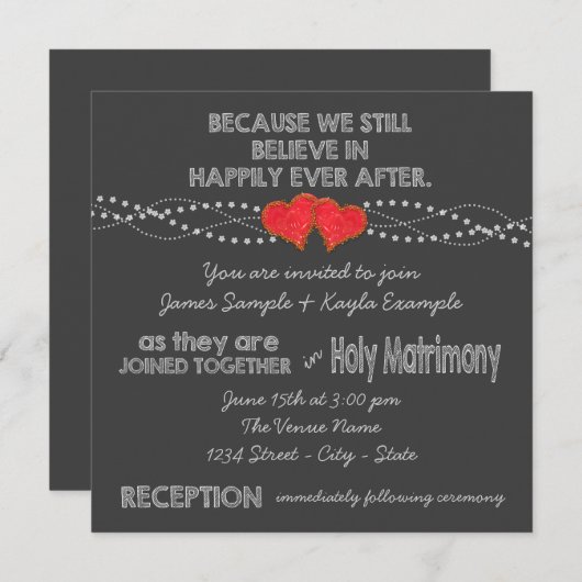 Invitation Two Red Hearts Chalk Mariage (Devant / Derrière)