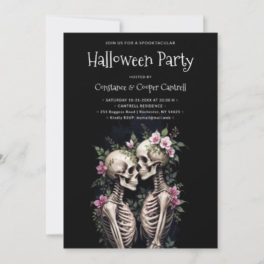 Invitation Two Romantic Gothic Human Skeletons Embracing (Devant)
