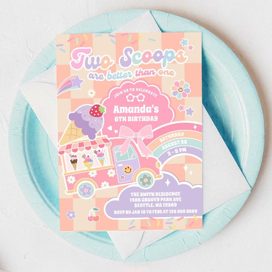 Invitation Two Scoop Ice Cream Groovy Daisy 2nd Birthday
