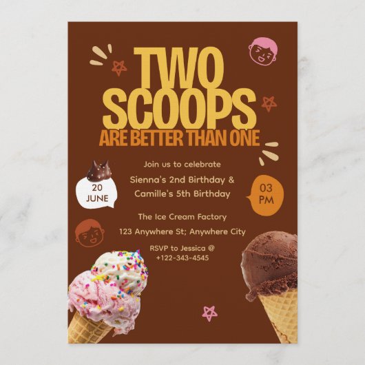 Invitation Two Scoops are Better Than One Ice Cream Birthday  (Devant)