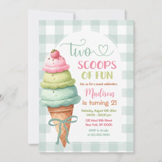 Invitation Two Scoops Of Fun Ice Cream Bow 2nd Birthday (Devant)