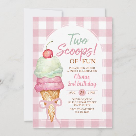 Invitation Two Scoops Of Fun Ice Cream Bow 2nd Birthday (Devant)