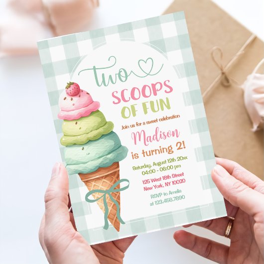 Invitation Two Scoops Of Fun Ice Cream Bow 2nd Birthday