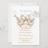 Invitation Two Silly Geese Pink And Blue Twins Baby Shower (Devant)