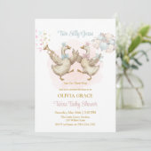 Invitation Two Silly Geese Pink And Blue Twins Baby Shower (Debout devant)