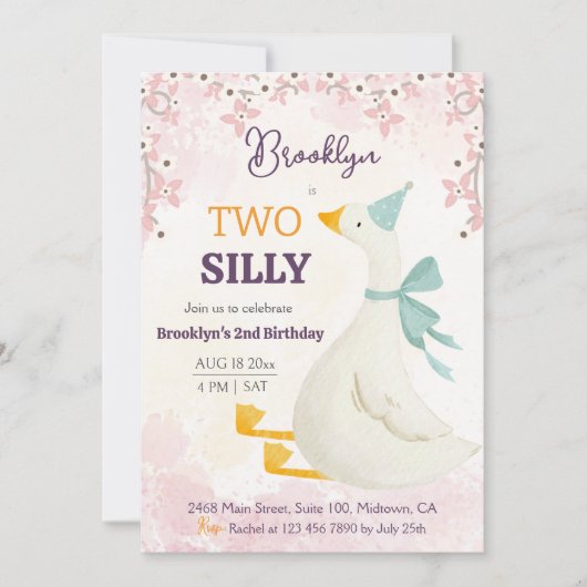 Invitation Two silly goose 2nd birthday cute floral pink (Devant)