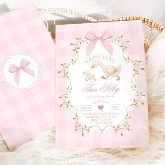 Invitation Two Silly Goose Pink Bow Girl 2nd Birthday