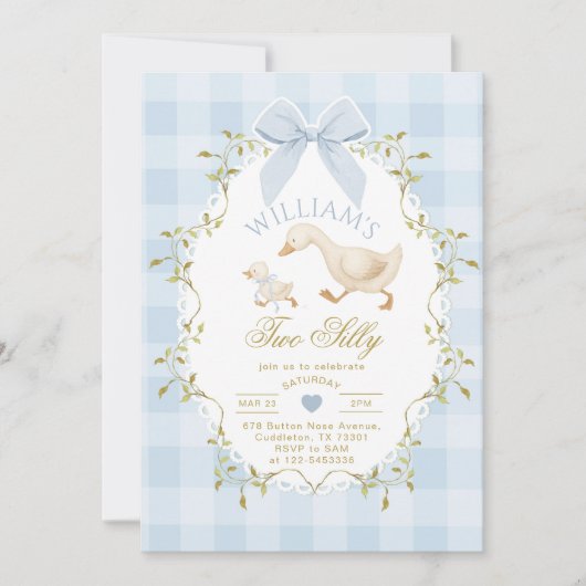 Invitation Two Silly Whimsical Blue Gingham Boy 2nd Birthday (Devant)