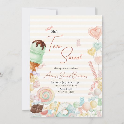 Invitation Two Sweet Birthday Invite Yellow Stripe (Devant)