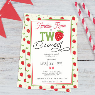 Invitation Two Sweet Strawberry 2nd Birthday Party
