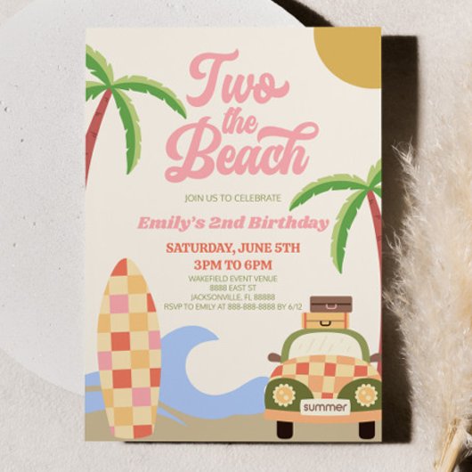Invitation Two The Beach Surf Pink Retro 2e fête d'anniversai