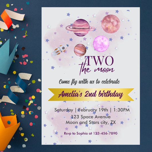 Invitation Two The Moon 2nd Birthday Girl Moon Stars Rocket