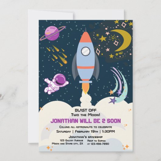 Invitation Two The Moon Boy Space Rocket 2e anniversaire (Devant)