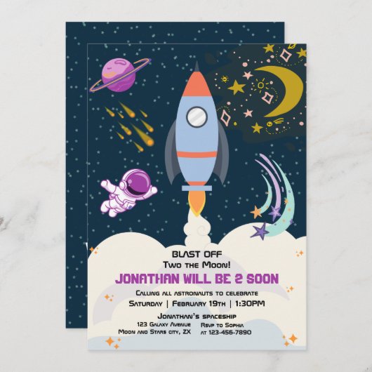 Invitation Two The Moon Boy Space Rocket 2e anniversaire (Devant / Derrière)